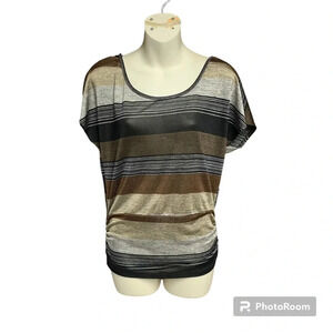 Color Snatch brown/black striped deep cut back ruched sides top size Medium